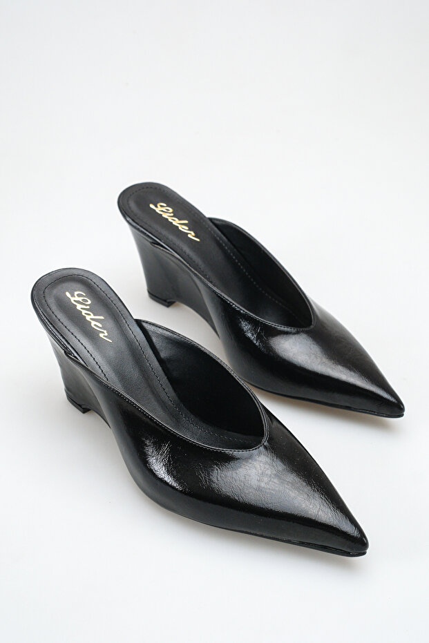 Women's Black Patent Leather Wedge Heel Closed Toe Shoes Slipper