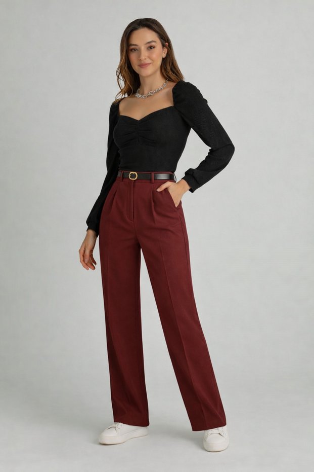 Belt Buttoned High Waist Palazzo Fabric Trousers – Bo Wide-Leg Ik (Not Included in the Image)