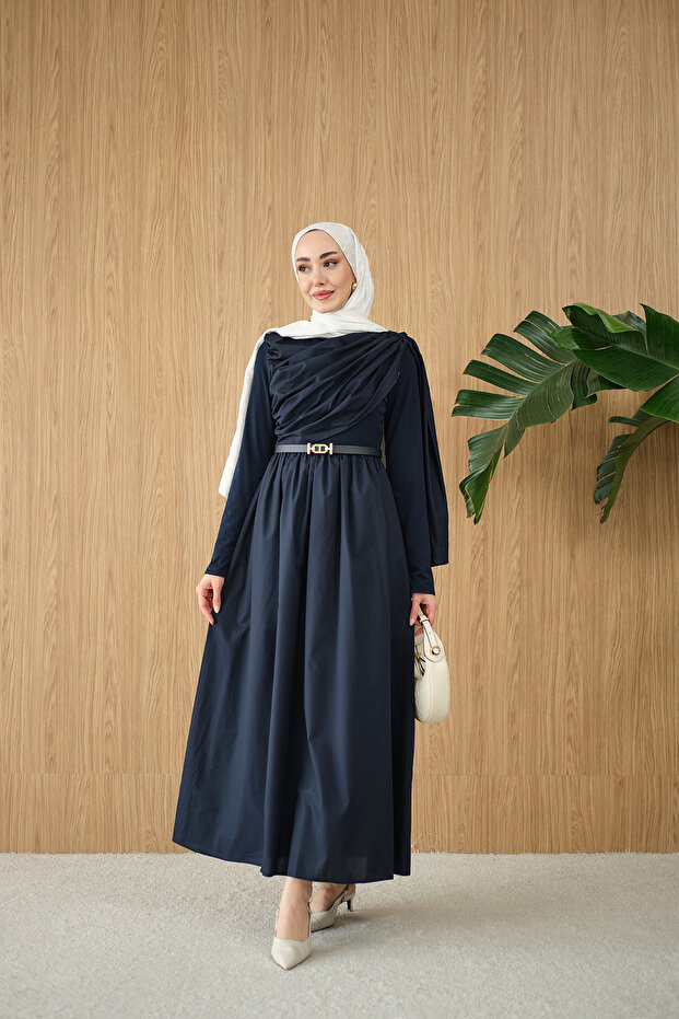 Women's Shawl Detailed Belt Piece Poplin Dress Navy Blue