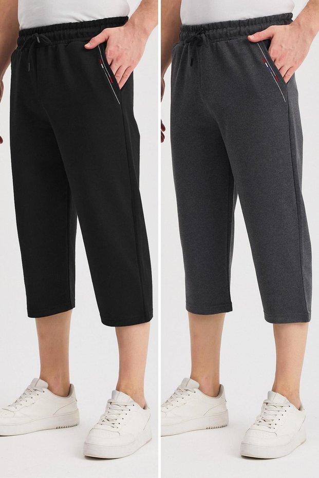 Men's Pocketed Black-Anthracite Bermuda Knee Length Capri Shorts with Adjustable Elastic Waist, 2-Piece Long Shorts