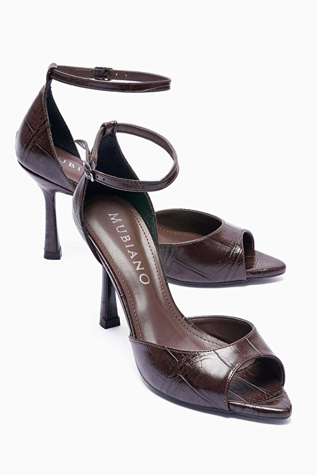 Women's Stiletto Pointed Toe Crocodile Patterned Ankle Strap Heeled Shoes Valeria Brown
