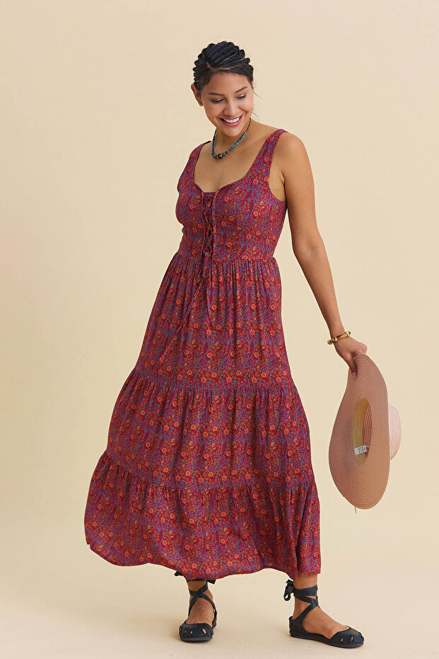 Geniş Yaka Ön Bağcıklı Uzun Elbise - 3