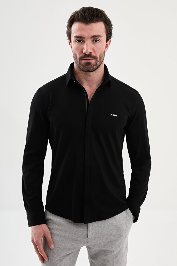 Plain Slim Fit Zipper Long Sleeve Men's Shirt Black - 27141.26Y