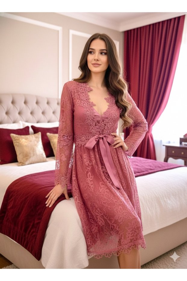 Luxurious Set of Lace Stylish Dressing Gowns and Nightgowns with Guipure Detail - Premium Dowry Set