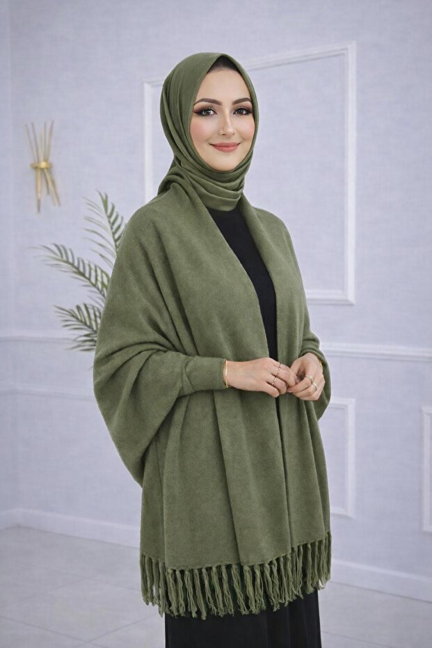 Soft Textured Sleeve Shawl with Tassels