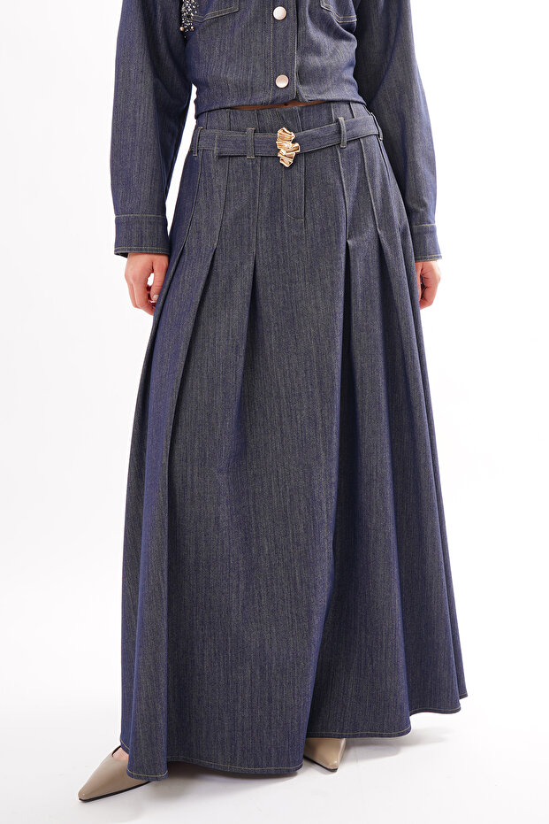 Front Zipper and Pleated Detail Denim Skirt 608 Denim