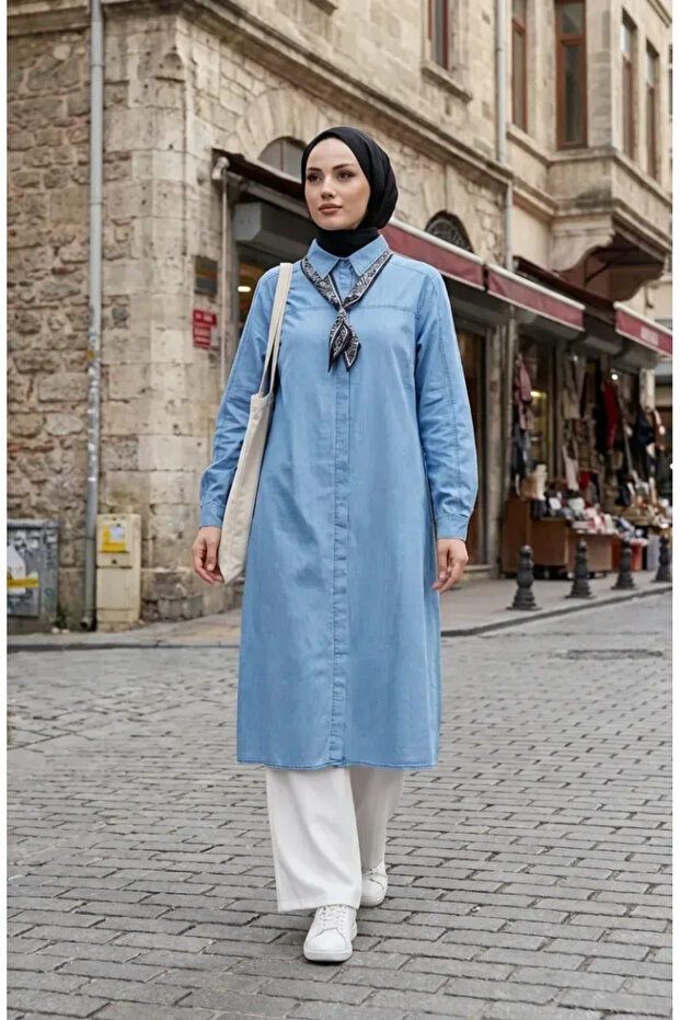 Scarf Detailed Denim Tunic 12119-01 Ice Blue