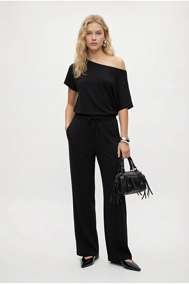 Women's Zeny Modal Touch Boat Neck Waist Elastic Pocketed Black Bottom Top Set