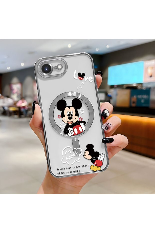 iPhone 16E Compatible Transparent Soft Silicone Magsafe Wireless Phone Case Mickey Pattern