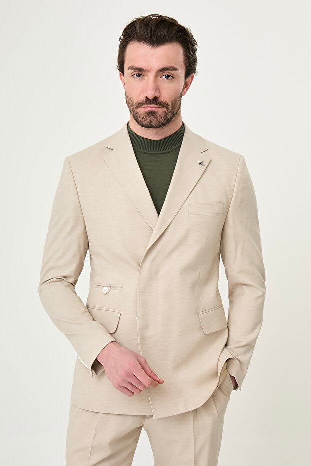 Gray Slim Fit Mono Collar Hidden Button Pleated Pants Men's Suit Beige - 45443.26Y