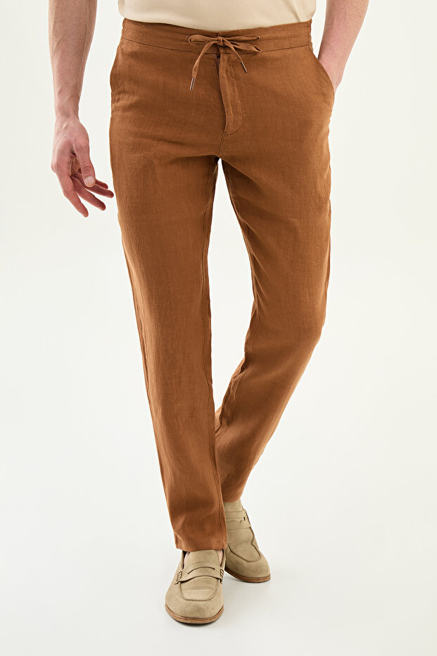 Straight Slim Fit Drawstring Elastic Waist 100% K Linen Men's Trousers Camel - 38351.26Y