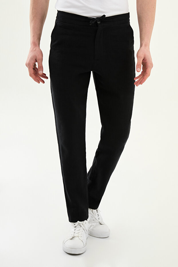 Straight Slim Fit Drawstring Elastic Waist 100% K Linen Men's Trousers Black - 38351.26Y