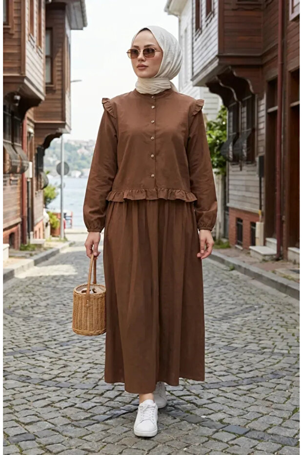 Ruffle Detail Double Suit with Front Buttons 0248-03 Brown