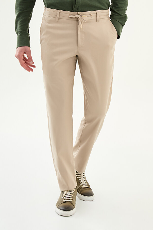 Straight Slim Fit Drawstring D Seam Detail Men's Trousers Beige - 38348.26Y