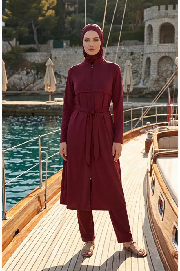 Modern Simplicity Belted Zippered Hijab Swimsuit 2602-01 Claret Red