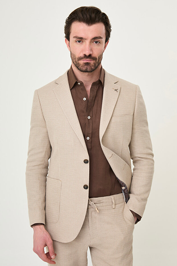 Striped Fit Mono Collar Drawstring Trousers Men's Suit Beige - 45451.26Y