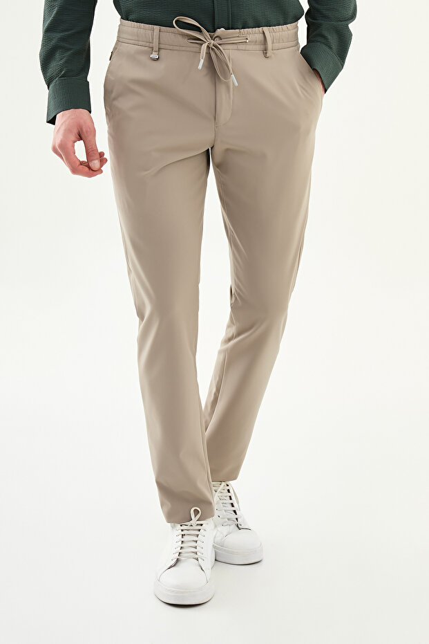 Düz Super Slim Fit Elastic Waist Drawstring g Invisible Zipper Men's Trousers Beige - 38353.26Y