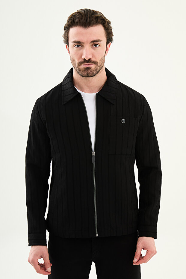 Striped Slim Fit Shirt Collar Spring Men's Coat Black - 39660.26Y