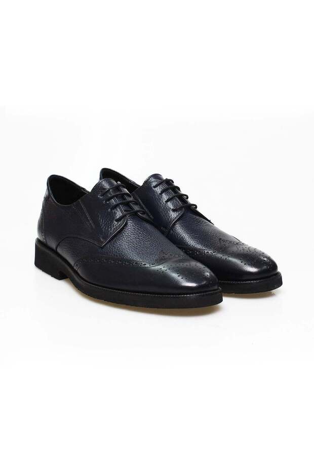 Dark Blue Color Lace-Up Genuine Leather Men's Shoes