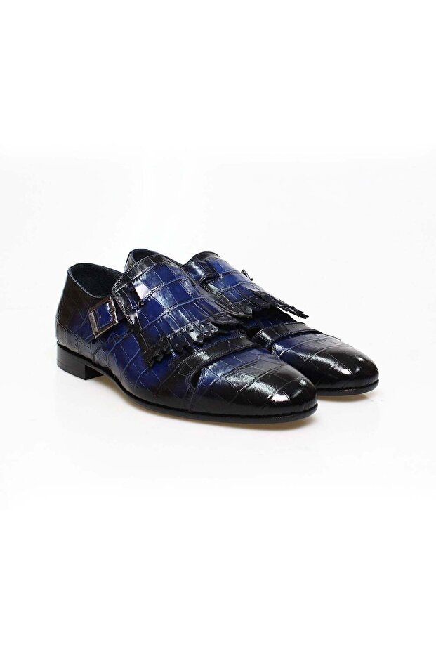 Dark Blue Color Laceless Genuine Leather Men's Shoes