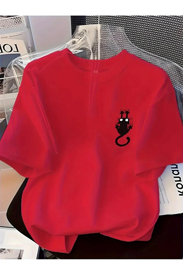 Cat Printed Unisex Women'S/Men's Oversize Crew Neck T-Shirt
