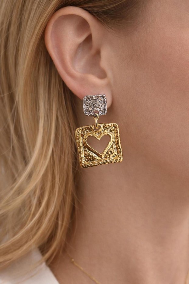 Gold Color Heart Detailed Square Dangle Women's Earrings Stylish Design Earrings