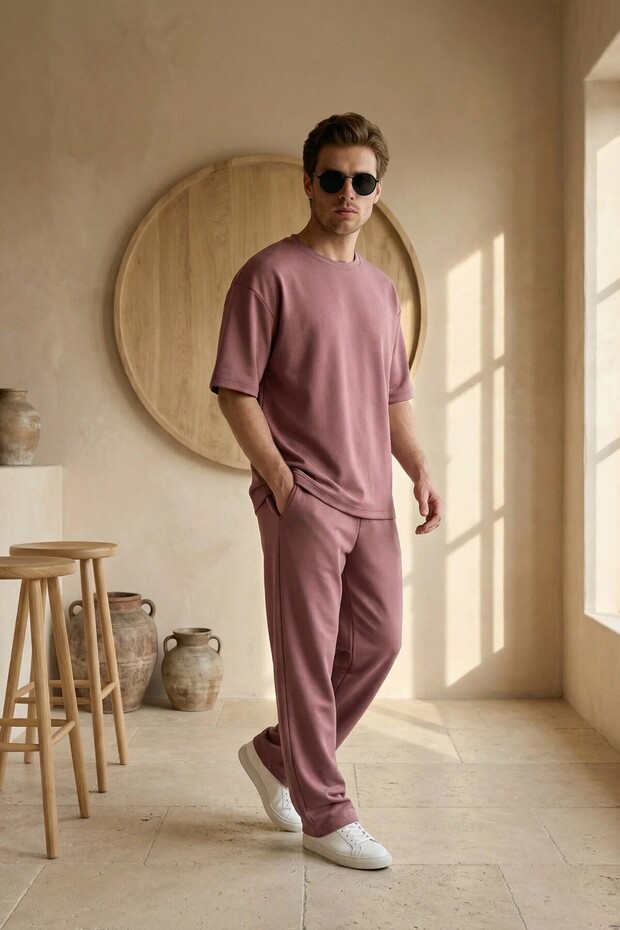 Men's Summer Dusty Rose Tracksuit Set Oversized T-Shirt Elastic Lace-Up Baggy Pants Ls-1075