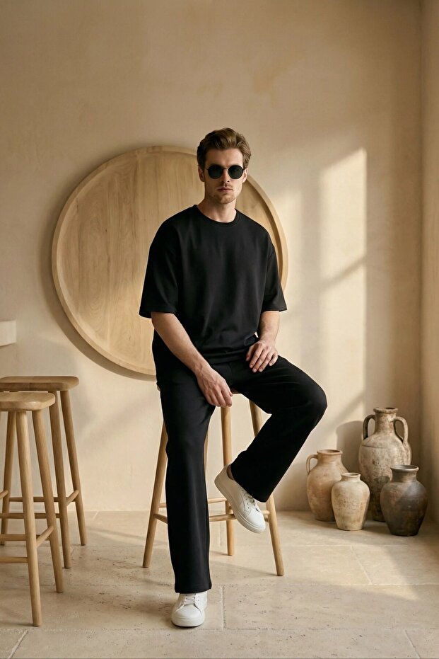 Men's Summer Black Tracksuit Set Oversized T-Shirt Elastic Lace-Up Baggy Pants Ls-1075