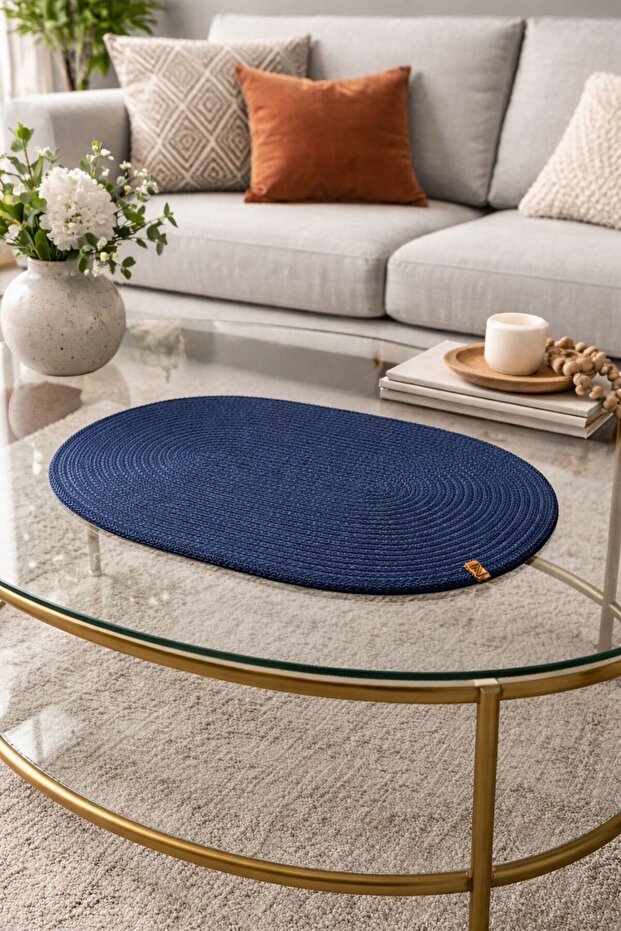 Navy Blue Color Oval Jute Rope Table, Console, Coffee Table Cover | Runner | American Service | 35X60 cm