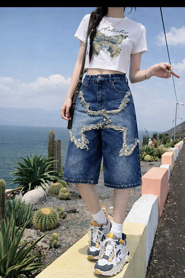Y2K Washed Baggy Tassel Detailed Denim Shorts Bermuda