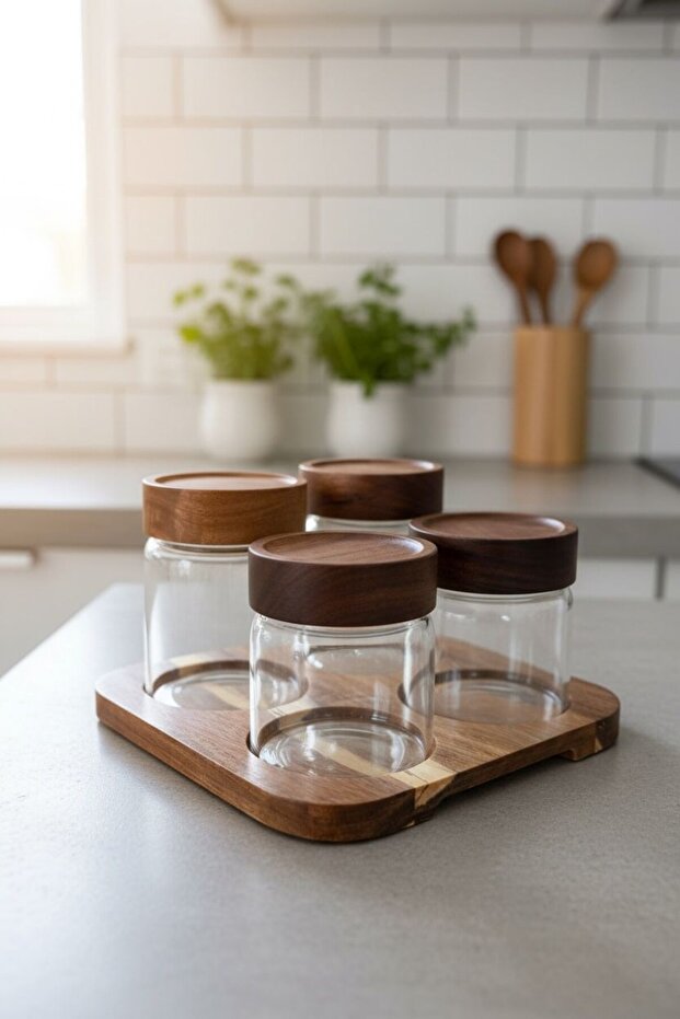Liora Acacia 4-Piece Spice Rack with Stand (2 Pieces 250 ml - 2 Pieces 300 ml)