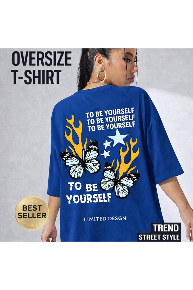 Women's White Oversized – Back Printed Butterfly & F Lamé Graphic Design Streetwear T-Shirt