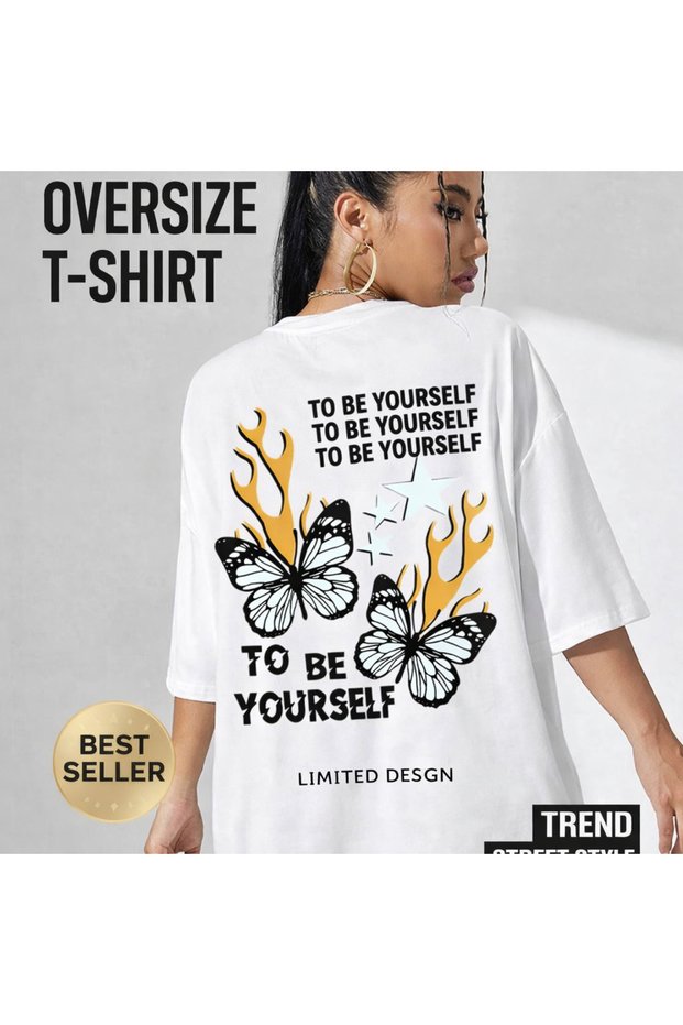 Women's White Oversized – Back Printed Butterfly & F Lamé Graphic Design Streetwear T-Shirt