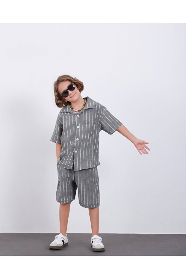 Boy's Linen Striped Fabric 100% Cotton Summer 2-Piece Collared Shirt-Shorts Set