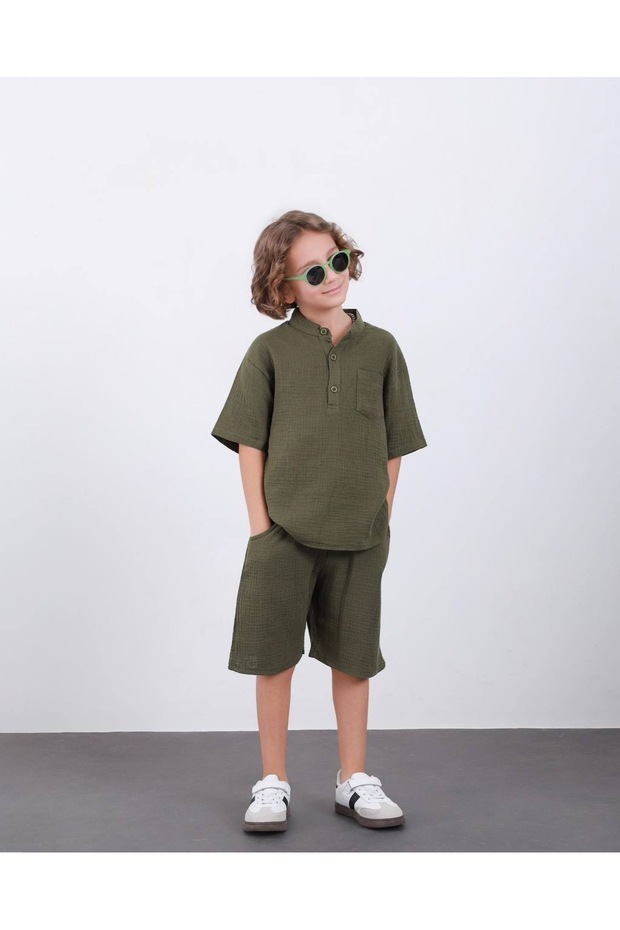 Boy's Muslin Fabric 100% Cotton Summer 2-Piece Suit with Stand Collar Shorts