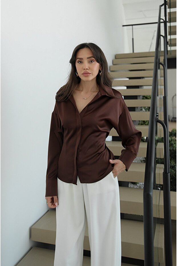 Brown Satin Waist Tie-Detail Shirt
