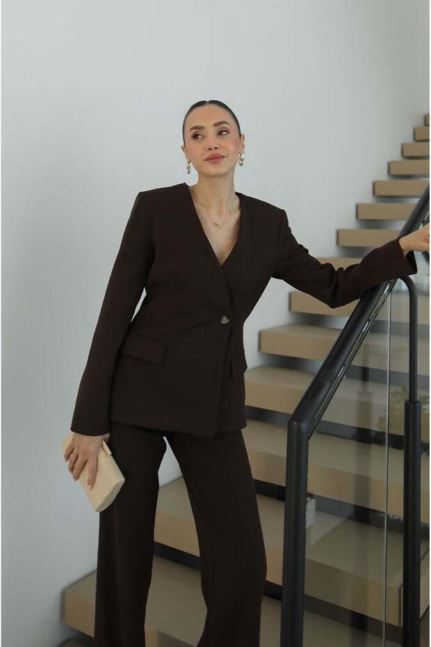 Brown V-Neck Jacket Pants Set - 5