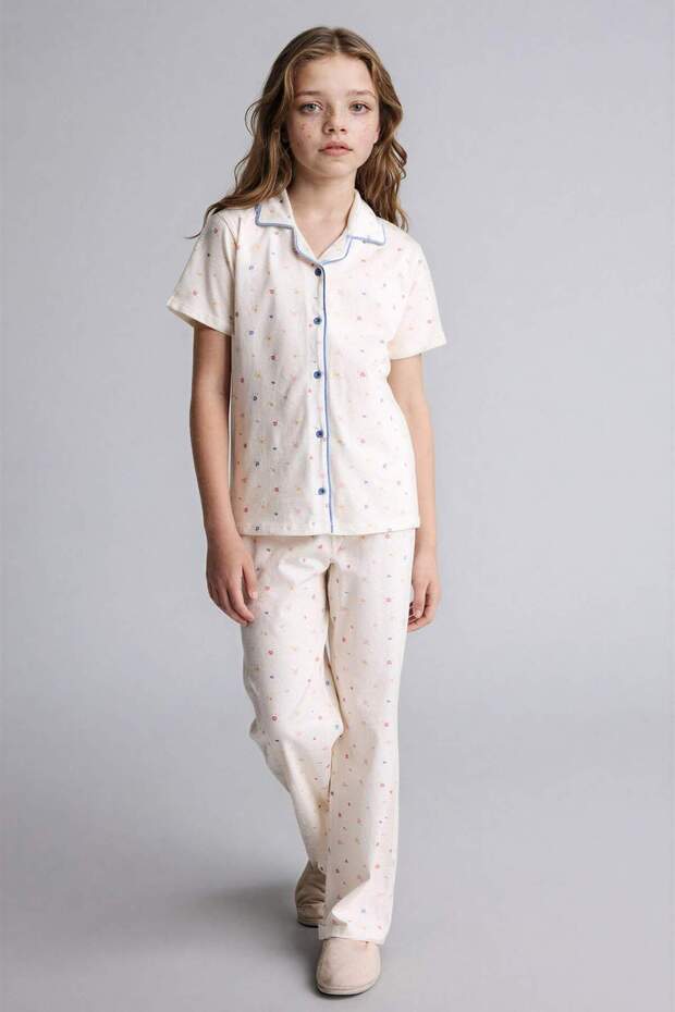 100% Cotton Floral Short Sleeve Buttoned Top Wide Cut Bottom 2-Piece Pajama Set Girls H2654A826Sp