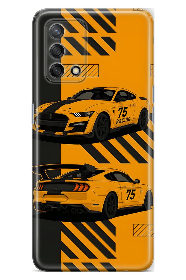 حافظة هاتف شفافة متوافقة مع هاتف اوبو A74 باللون الأصفر Racing Car منقوش