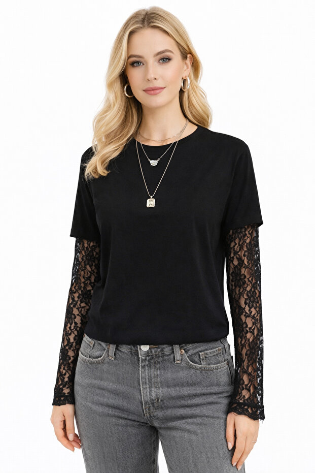 Women's Black Sleeve Lace Paneled Modal Keys Drapey T-Shirt