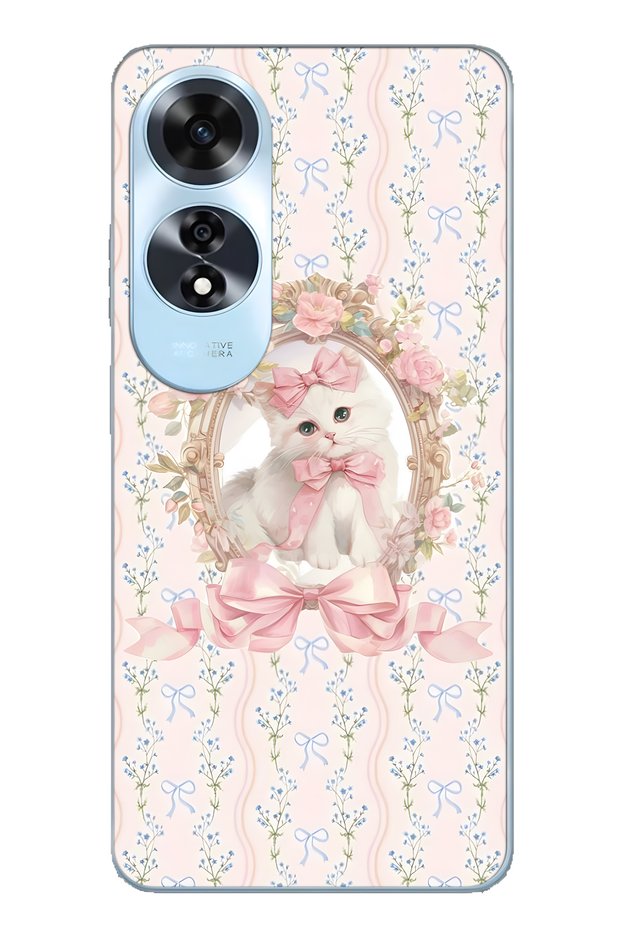 Oppo A60 Compatible Pink Bow Cat Patterned Transparent Phone Case