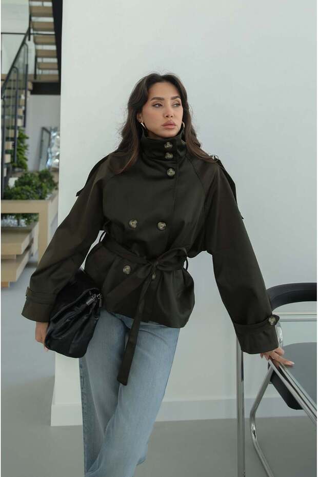 Khaki Subsy Mock Neck Belted Trench Coat
