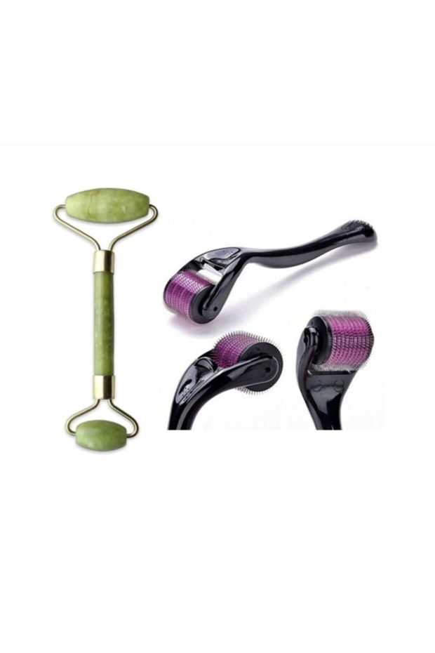 Double Sided Roller Jade Stone and 540 Needle Dermoroller Titanium Skin Renewal and Massage Tool Set