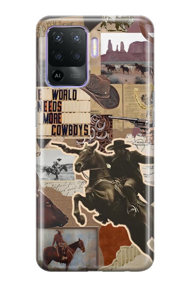 Oppo Reno 5 Lite Compatible Cowboy Western Collage Patterned Transparent Phone Case