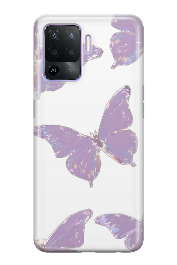 Oppo Reno 5 Lite Compatible Purple Butterfly Patterned Transparent Phone Case