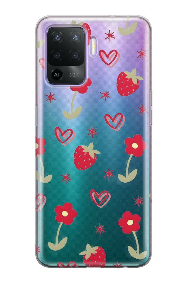 Oppo Reno 5 Lite Compatible Strawberry and Heart Patterned Transparent Phone Case