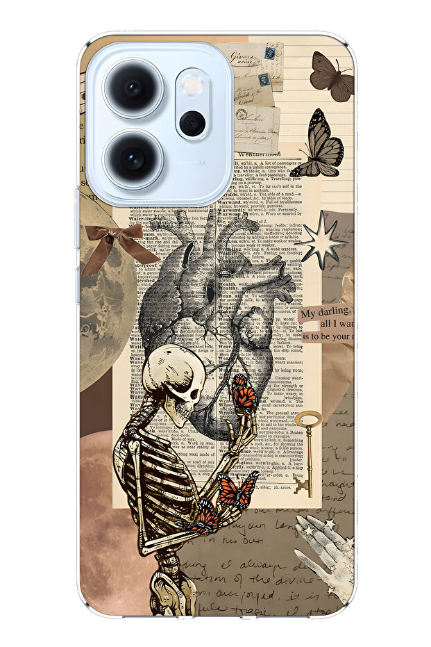 Oppo Reno 14F Compatible Vintage Skeleton and Butterfly D Patterned Transparent Phone Case