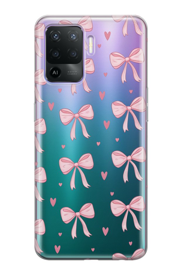 Oppo Reno 5 Lite Compatible Pink Bow Patterned Transparent Phone Case