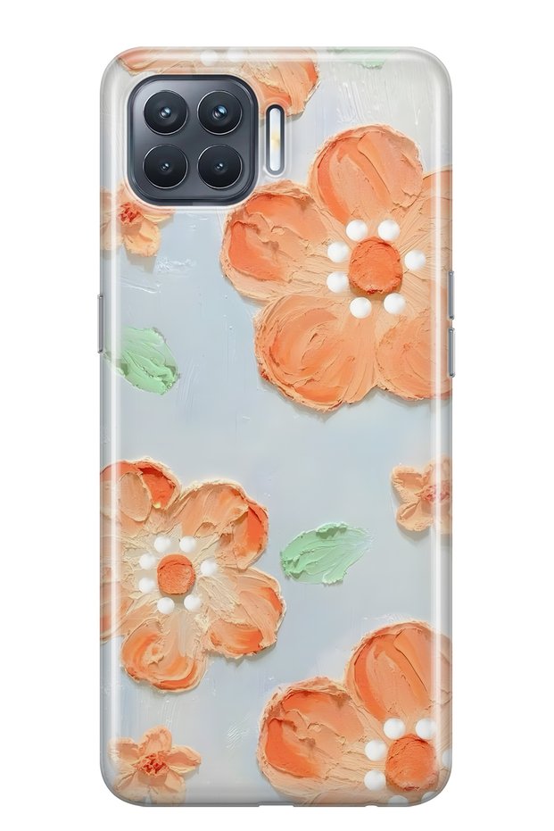 Oppo Reno 4 Lite Compatible Orange Flower Oil Painting Patterned Transparent Phone Case