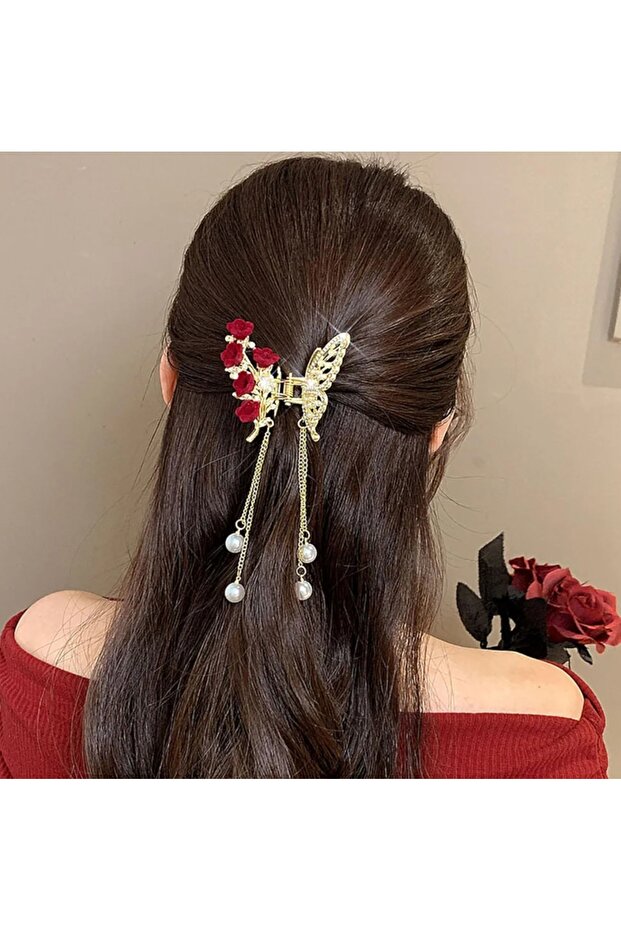 Red Rose and Pearl Steel Spring-Loaded Gold Butterfly Clasp with Hanging Pearls